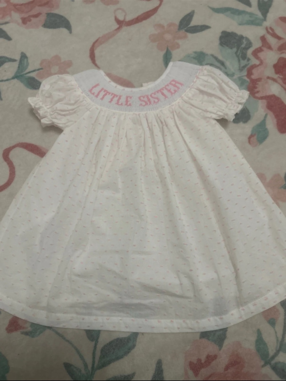 White Baby Dress with Pink 'Little Sister' Smocking
